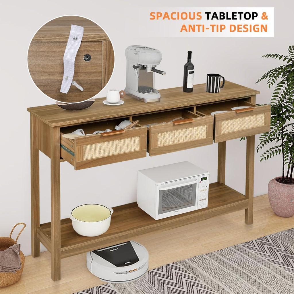 LAZZO Rattan Console Table Boho Entryway Table Narrow Long Sofa Table Hallway Foyer Table Behind Couch Table with 3 Drawers and Open Storage Shelf for Living Room and Corridor Brown
