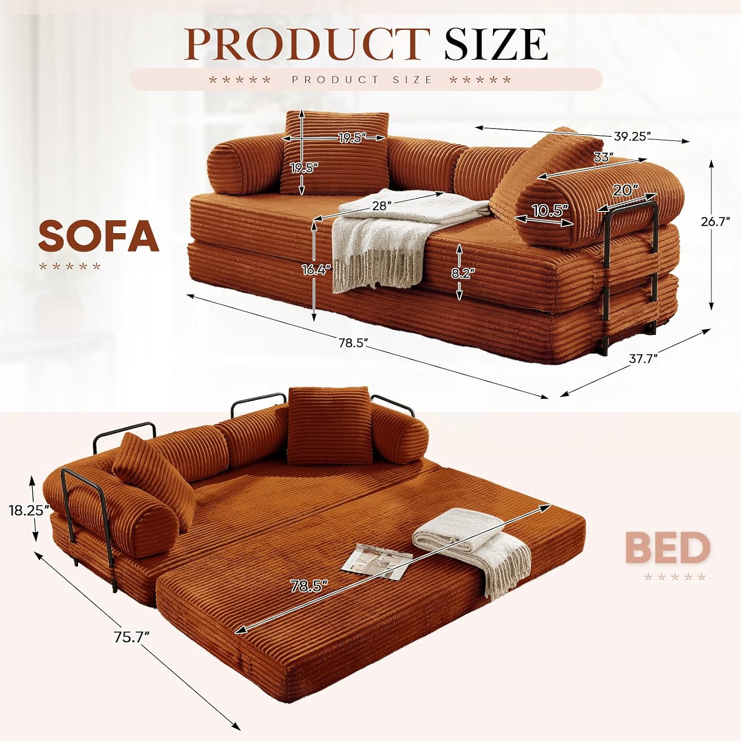 Antetek Modular Couch Bed, Convertible Folding Plush Corduroy Comfy Floor Compression Loveseat Sleeper Sofa Couch, King Size Bed for Guest Room Living Room Bedroom, No Assembly Required, Orange
