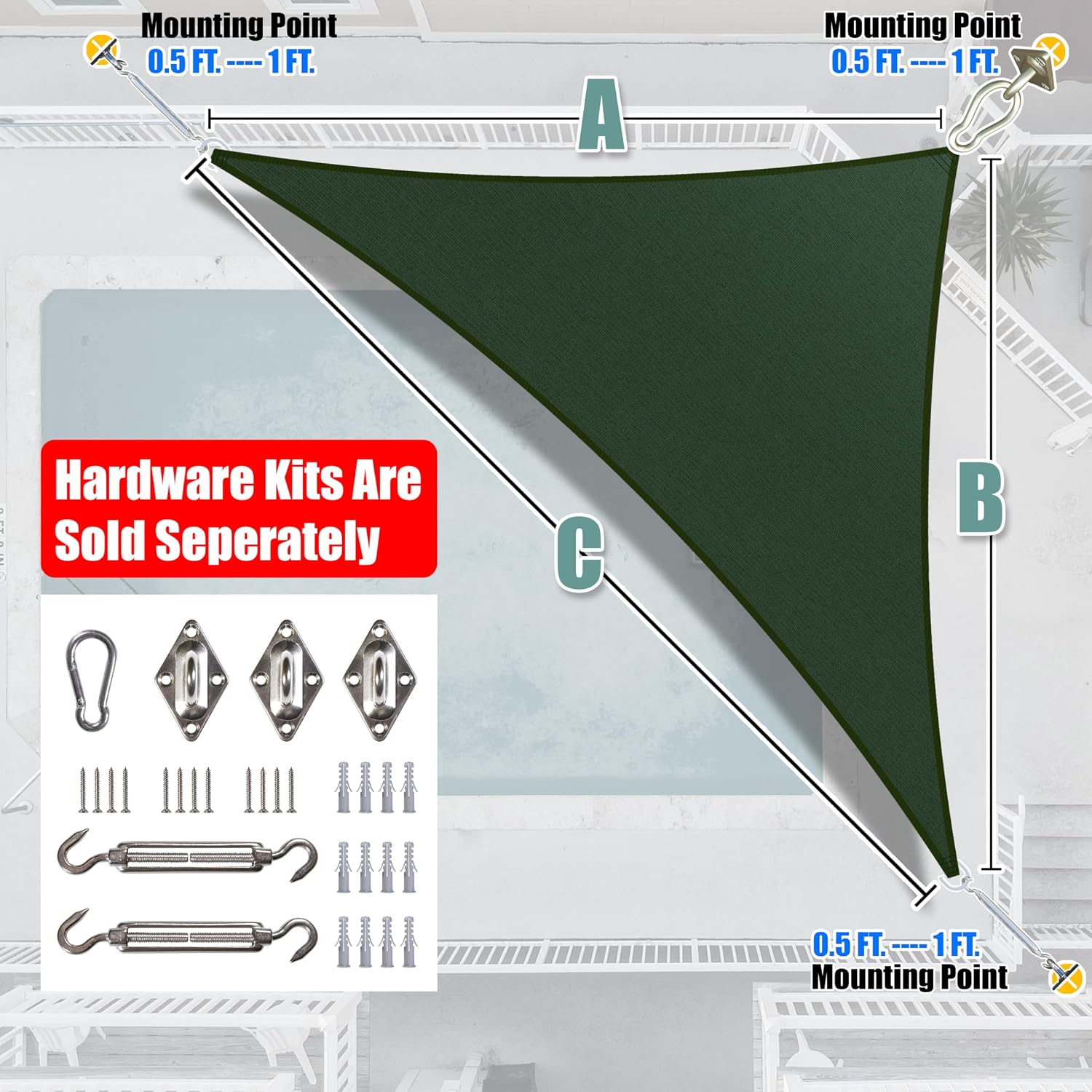 Amgo Custom Size 14' x 20' x 24.4' Green Right Triangle Sun Shade Sail UPF50+ AGTAPT22, Order to Make Canopy Awning, 95% UV Blockage, Water & Air Permeable, Commercial Standard (We Customize)