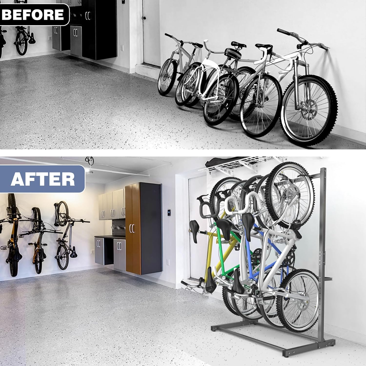 WALMANN Freestanding Bike Stand for Garage, 5 Bikes Vertical Bike Storage Stand Heavy Duty Bike Floor Stand, Holds Up to 70 lbs/Hook
