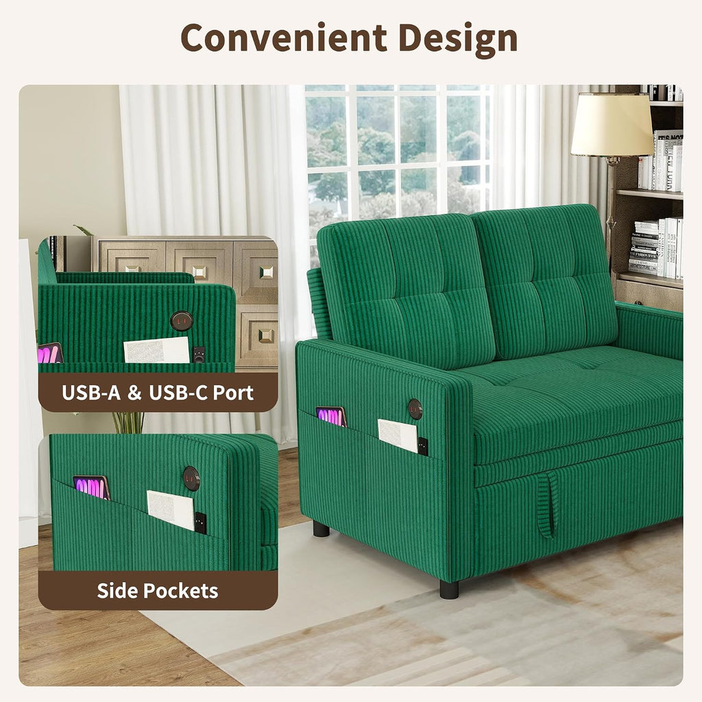 3 in 1 Convertible Sleeper Sofa Bed, Pull Out Couch with Charging Station, Corduroy Small Loveseat Sleeper Sofa with Adjustable Backrest for Apartment, Bedroom, Small Space（Green）