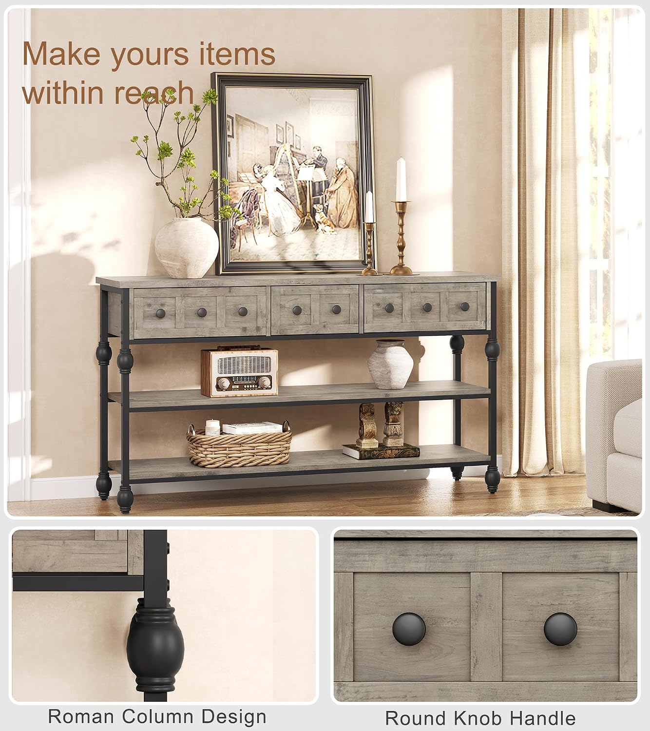 GarveeHome 52' Console Table, Entryway Table with 3 Storage Drawers, 3 Tier Industrial Metal Sofa Table, Behind Couch Table, Hallway Table for Entry, Living Room (Grey)