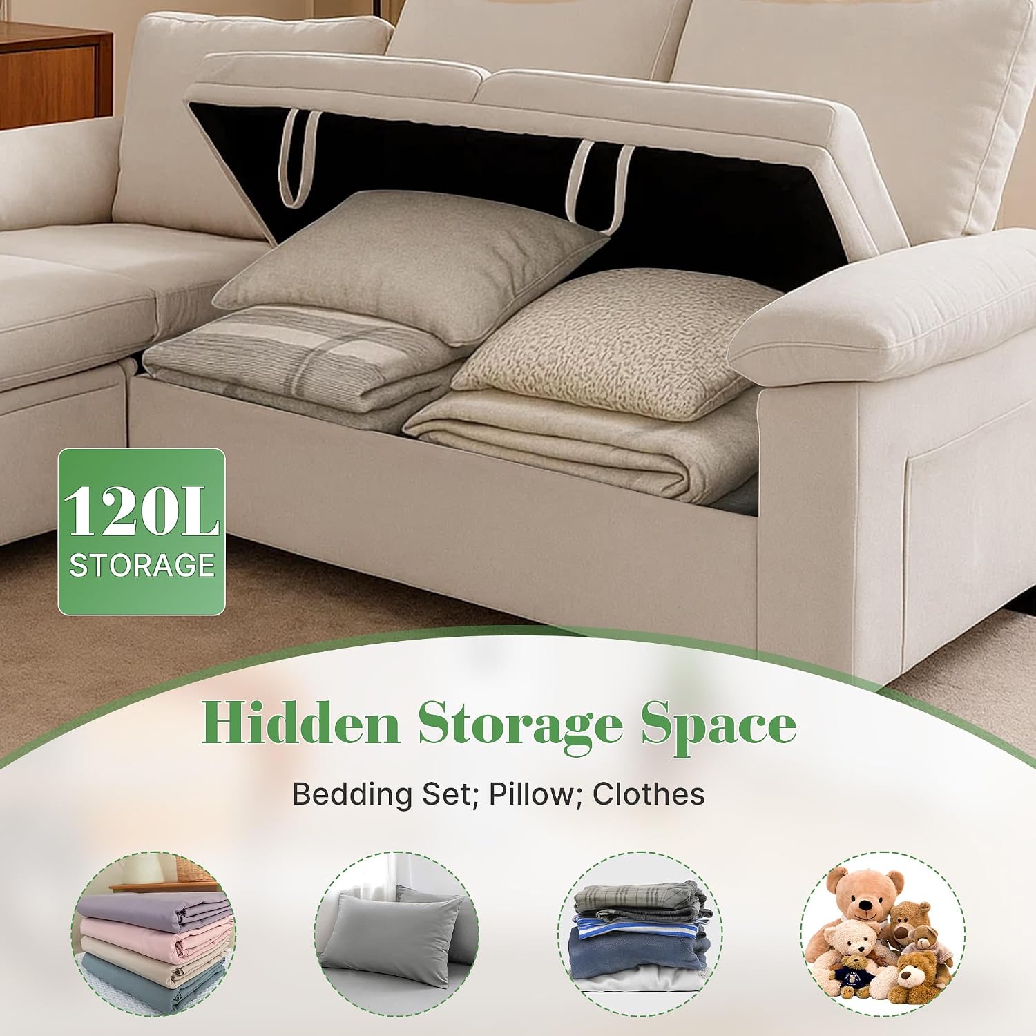 Modular Sectional Sofa with Pull Out Bed Sleeper Sofa L Shaped with Storage, Sectional Couch for Living Room Convertible Sofa Bed with Removable Sofa Cover(5 Seats Beige)