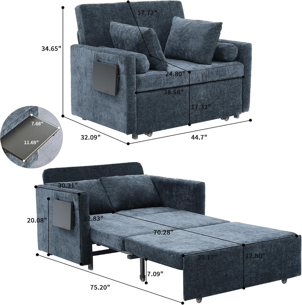 45' Oversize 3-in-1 Sleeper Chair, 75' Long Pull-Out Sleeper Sofa Bed with Wing Table and Side Pocket for Living Room, Bedroom, Small Space,Blue
