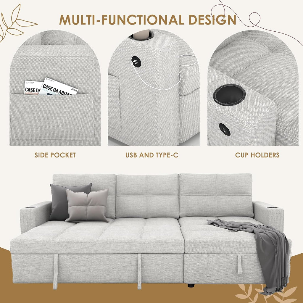 85 Inch Dual-Use Sectional Sleeper Sofa - Pull Out Bed with Storage Chaise, Removable Backrest, USB Ports & Cup Holder for Home Light,Beige