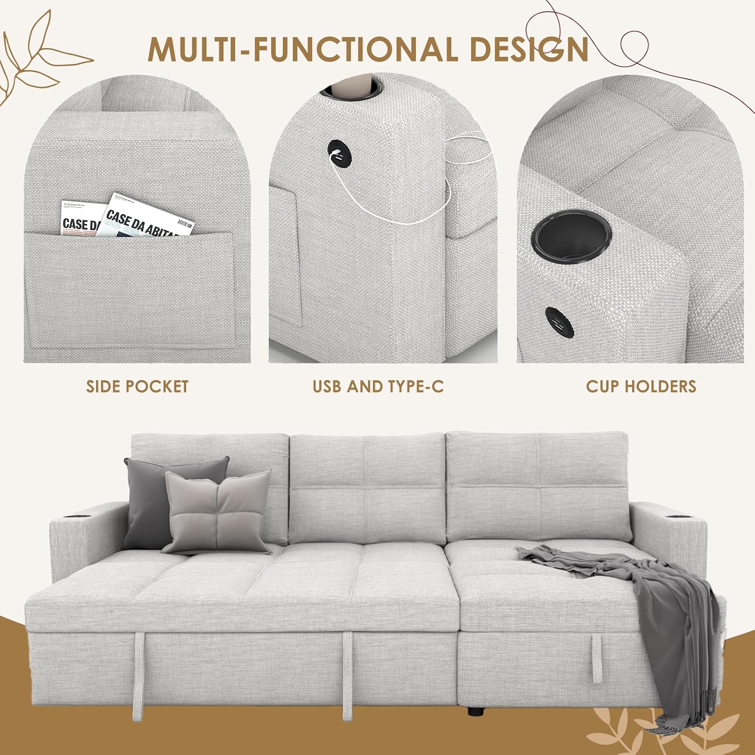 85 Inch Dual-Use Sectional Sleeper Sofa - Pull Out Bed with Storage Chaise, Removable Backrest, USB Ports & Cup Holder for Home Light,Beige