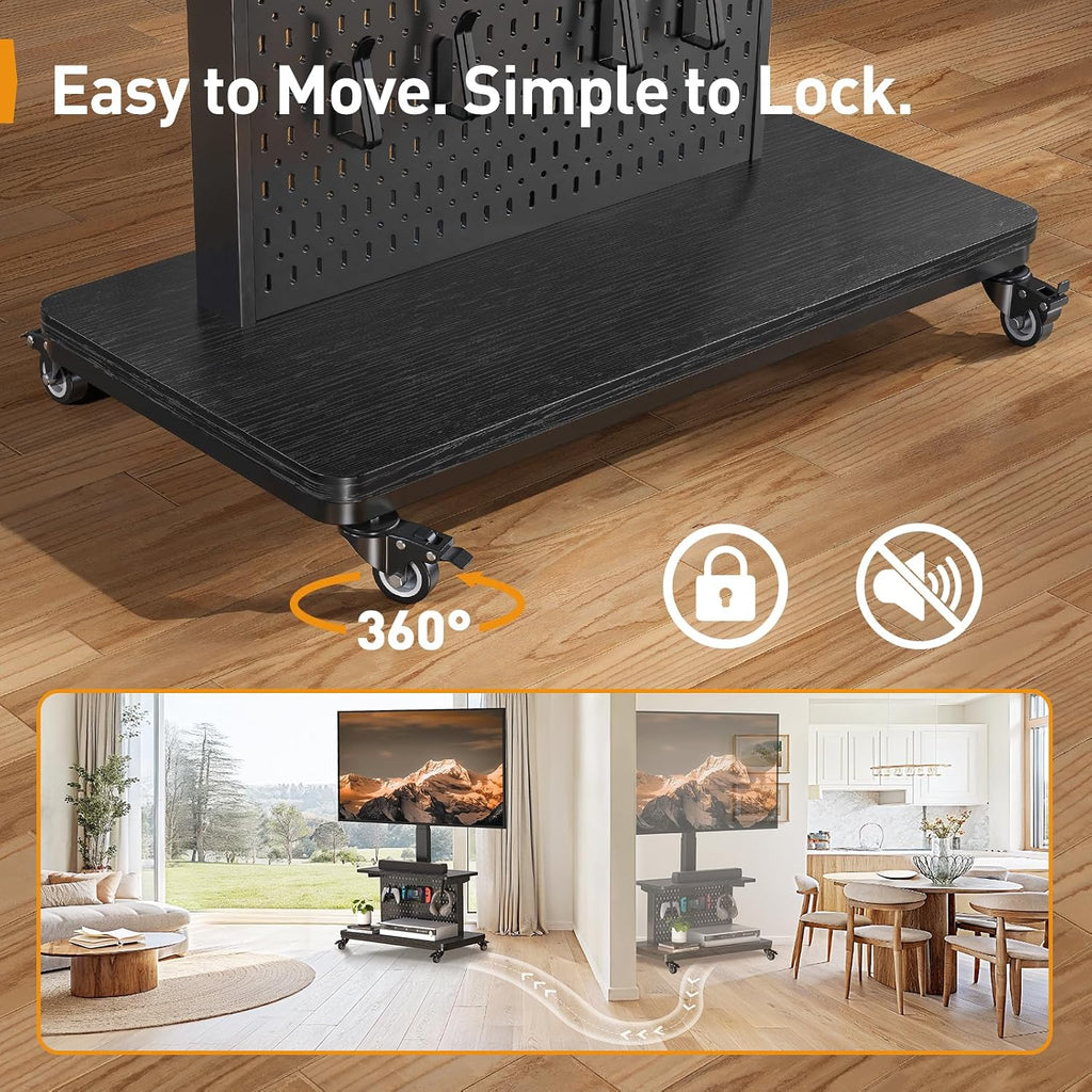 Perlegear Motorized Mobile TV Stand on Wheels, Electric Height Adjustable TV Cart for 32-80″ TVs up to 100 lbs, Rolling TV Stand with Remote Control, 4 Height Memory, ±35° Swivel with Pegboard Storage
