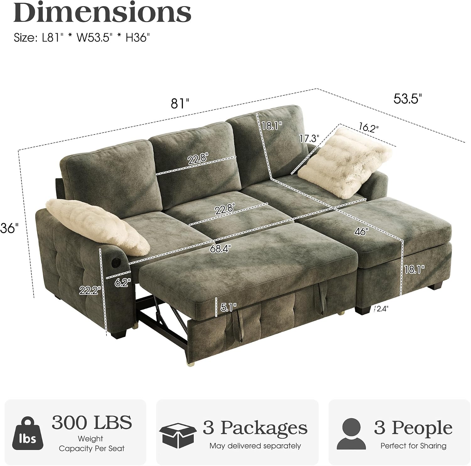 Ihanherry Modular Convertible Sectional Sofa Bed, Reversible Chaise & Storage Ottoman, 3-Seater Pull Out Sleeper with USB Ports & Chenille Fabric, for Small Space, Living Room, Apartment（Gray）