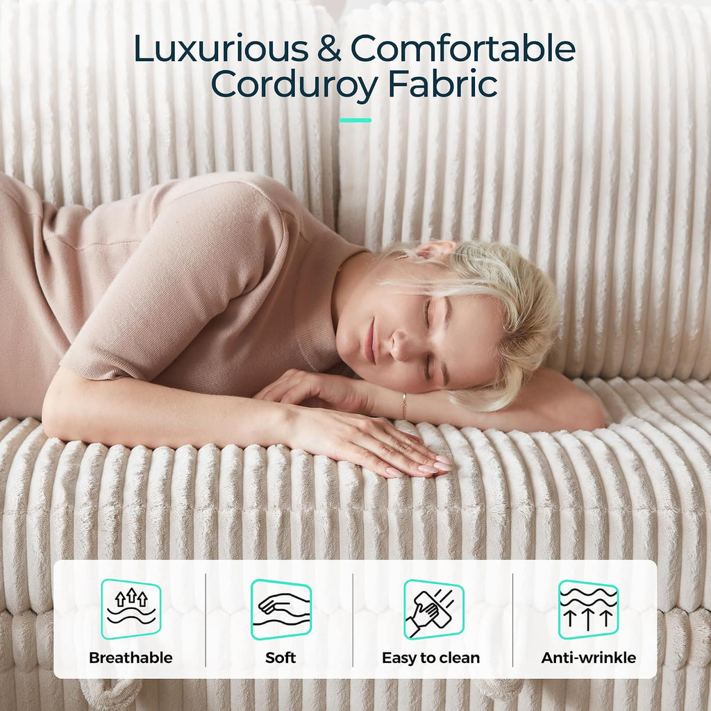 LINSY HOME Loveseat Sofa Couch with USB Charging & Cup Holders, Convertible Pull Out Couch Chaise 2 Seater Sofa, Comfy Plush Corduroy Love Seat for Small Spaces Living Room Apartment (Beige)