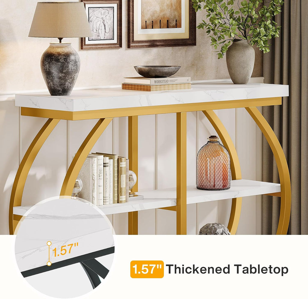 Tribesigns 41.3' Console Table, Industrial 3-Tier Entryway Table with Arched Metal Frame and Storage Shelves for Living Room, Hallway, White Gold