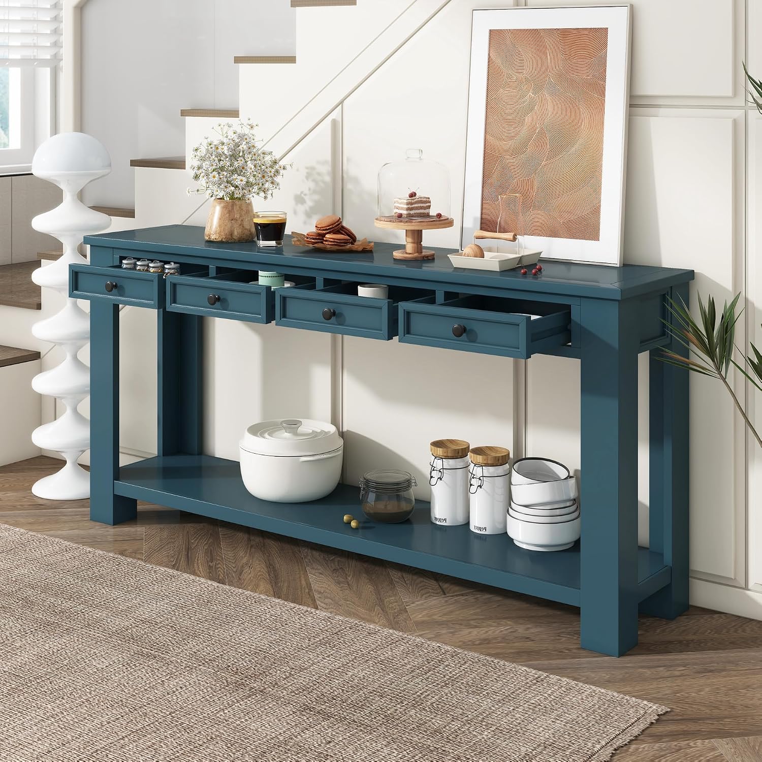 LKTART Solid Wood Console Table,63 in Long Sofa Table Entryway Table with 4 Drawers and Bottom Shelf for Hallway Living Room Couch Table,Easy Assembled (63' Dark Blue)