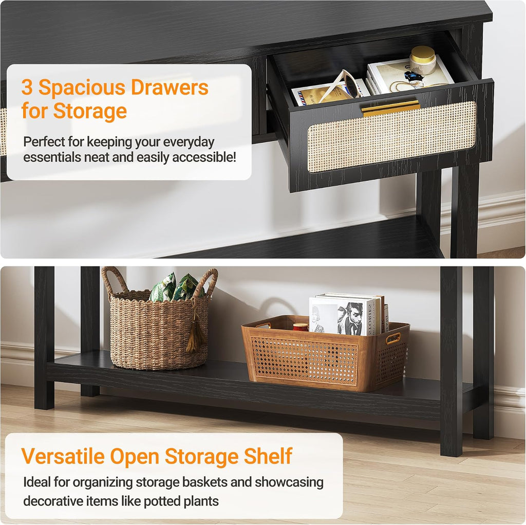 ELYKEN 51.2' Black Console Tables for Entryway, Rattan Entryway Table with 3 Drawer & Shelf, Narrow Long Sofa Table for Behind Couch Hallway, Entrance Entry Living Room
