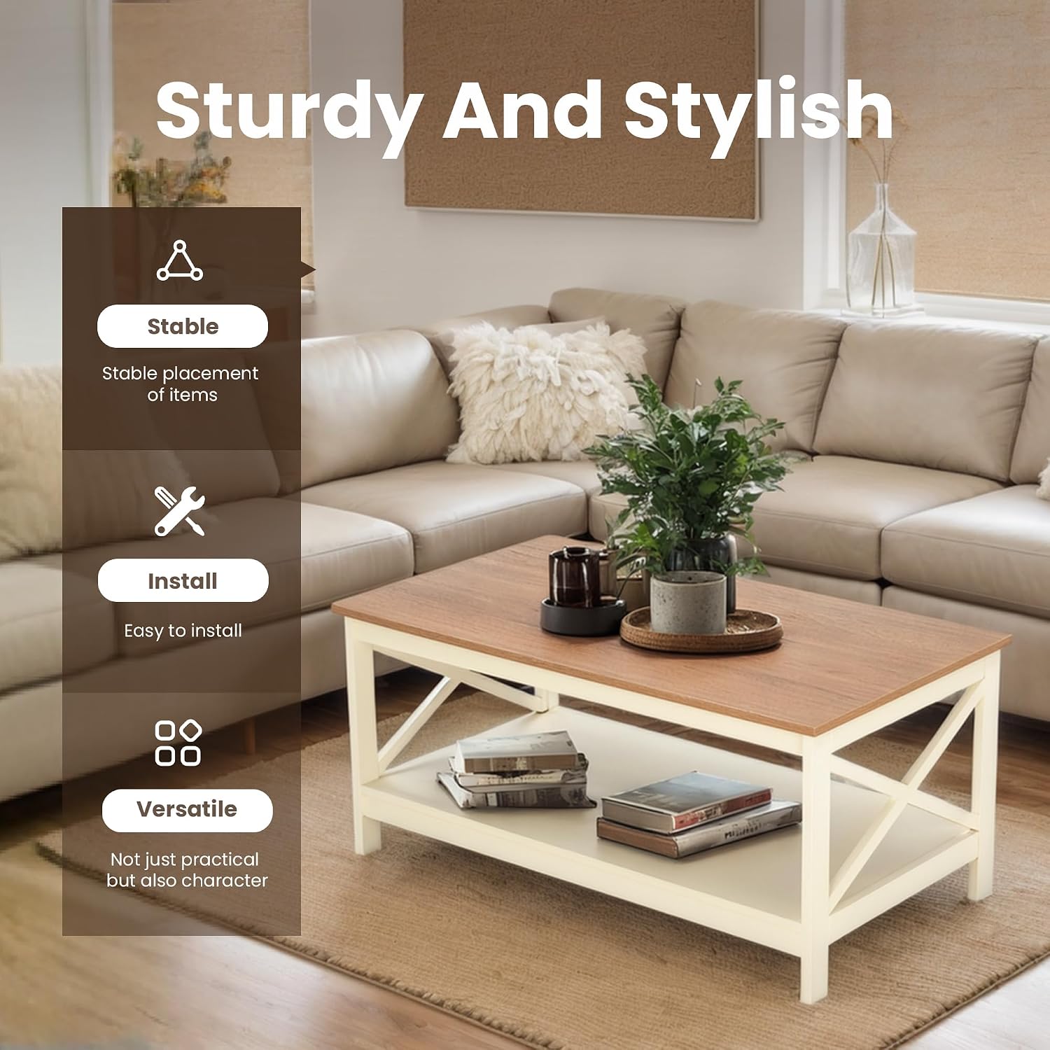 PHI VILLA Farmhouse Coffee Table for Living Room, White Coffee Tables with Storage Rustic Style Modern