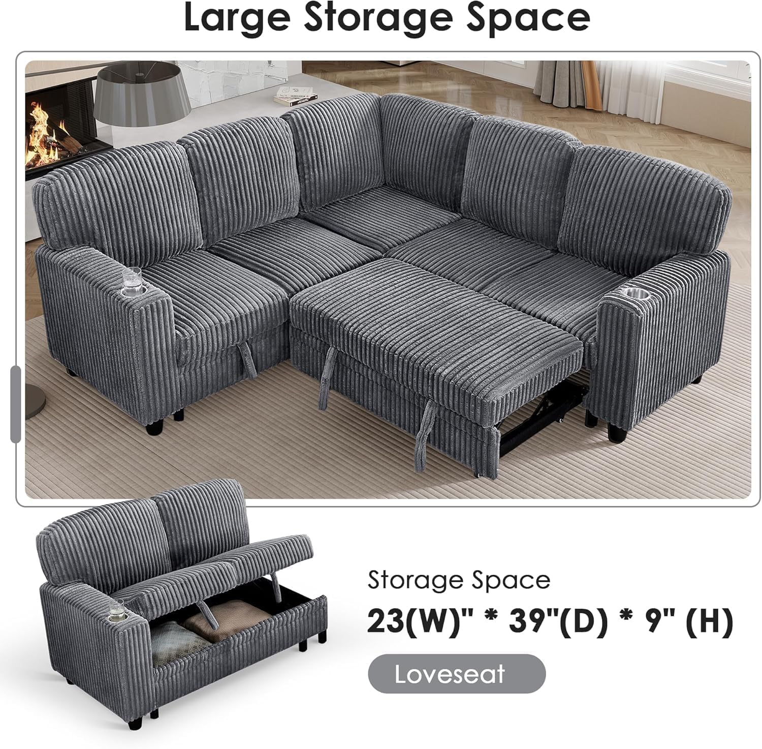 81' Modular Sectional Sofa, L Shaped 5-Seater Sleeper Sofa with Pull Out Bed, Hidden Storage, Cup Holders & USB Charging Ports, Sectional Couches for Living Room, Corduroy, Grey