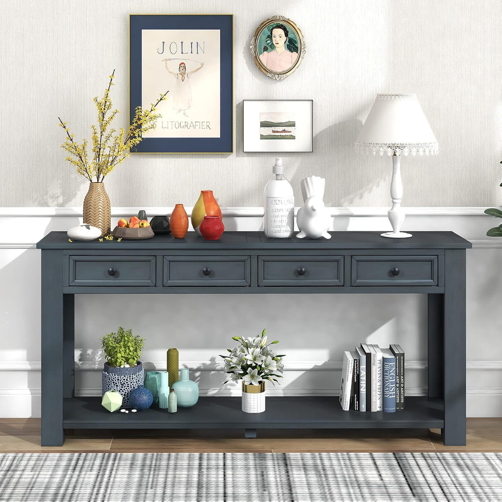 Merax Console Table, 63' Long Extra-Thick Entryway Table Sofa Table with 4 Drawers and Open Shelf for Entryway, Hallway, Living Room (Navy)