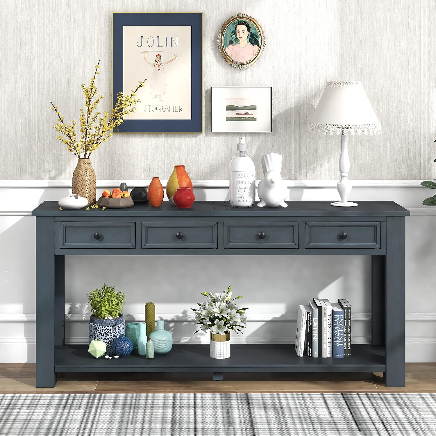 LKTART Solid Wood Console Table, Long Sofa Table Entryway Table with 4 Drawers and Bottom Shelf for Hallway Living Room Couch Table,Easy Assembled (63' Navy)
