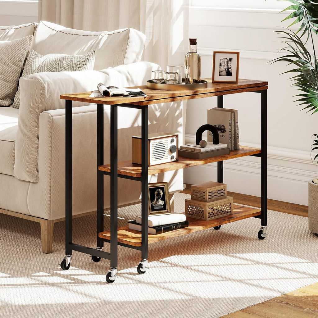 Giantex 360° Free Rotating Sofa Side Table, Patented Mobile End Table with 2-Tier Storage Shelves, 6 Universal Casters, Movable Laptop Tables for Snack, Couch, Light Brown