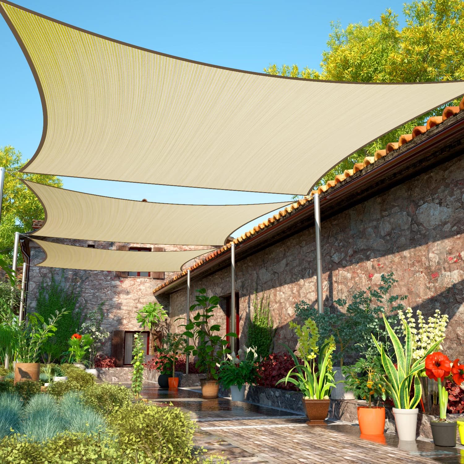 ShadeMart 12' x 14' Beige Sun Shade Sail UPF50 Rectangle SMTAPR0810 Canopy Fabric Cloth Screen, Water and Air Permeable & UV Resistant, Heavy Duty, Carport Patio Outdoor - We Customize Size