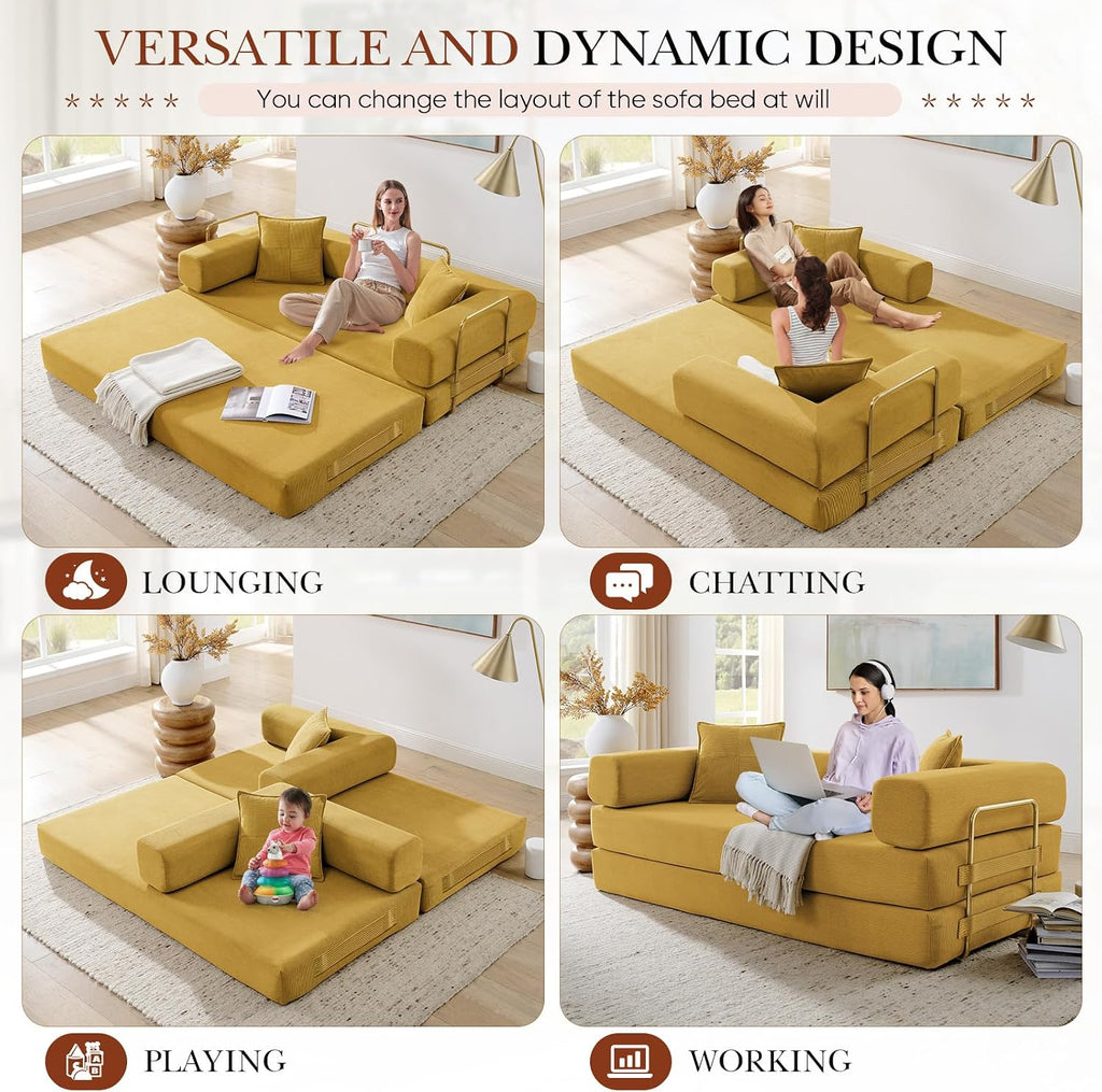 Modular Couch Bed, Convertible Folding Plush Corduroy Comfy Floor Memory Foam Compression Loveseat Sleeper Sofa Couch, King Size Bed for Guest Room Living Room Bedroom, No Assembly, Mustard Yellow