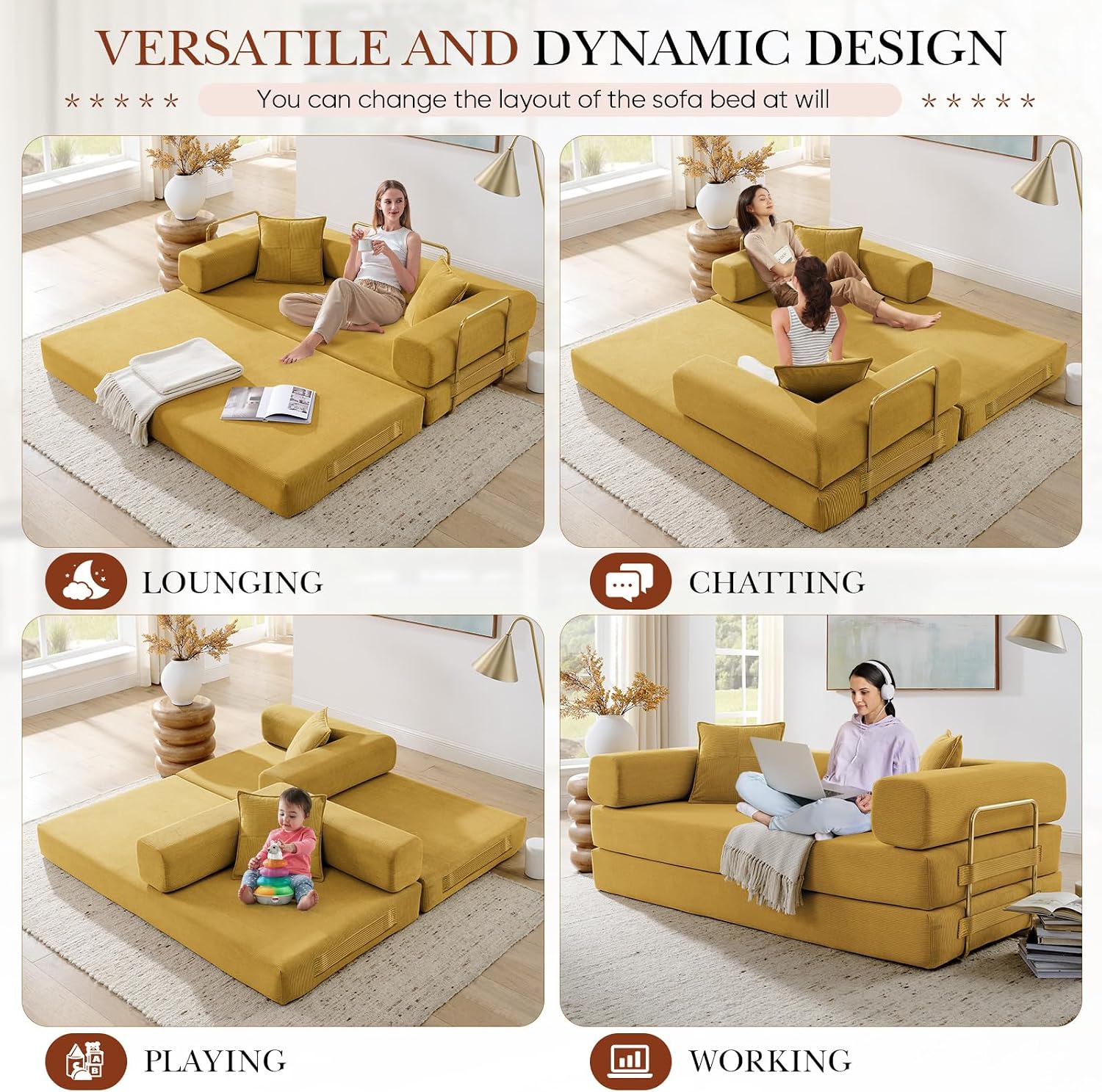 Modular Couch Bed, Convertible Folding Plush Corduroy Comfy Floor Memory Foam Compression Loveseat Sleeper Sofa Couch, King Size Bed for Guest Room Living Room Bedroom, No Assembly, Mustard Yellow
