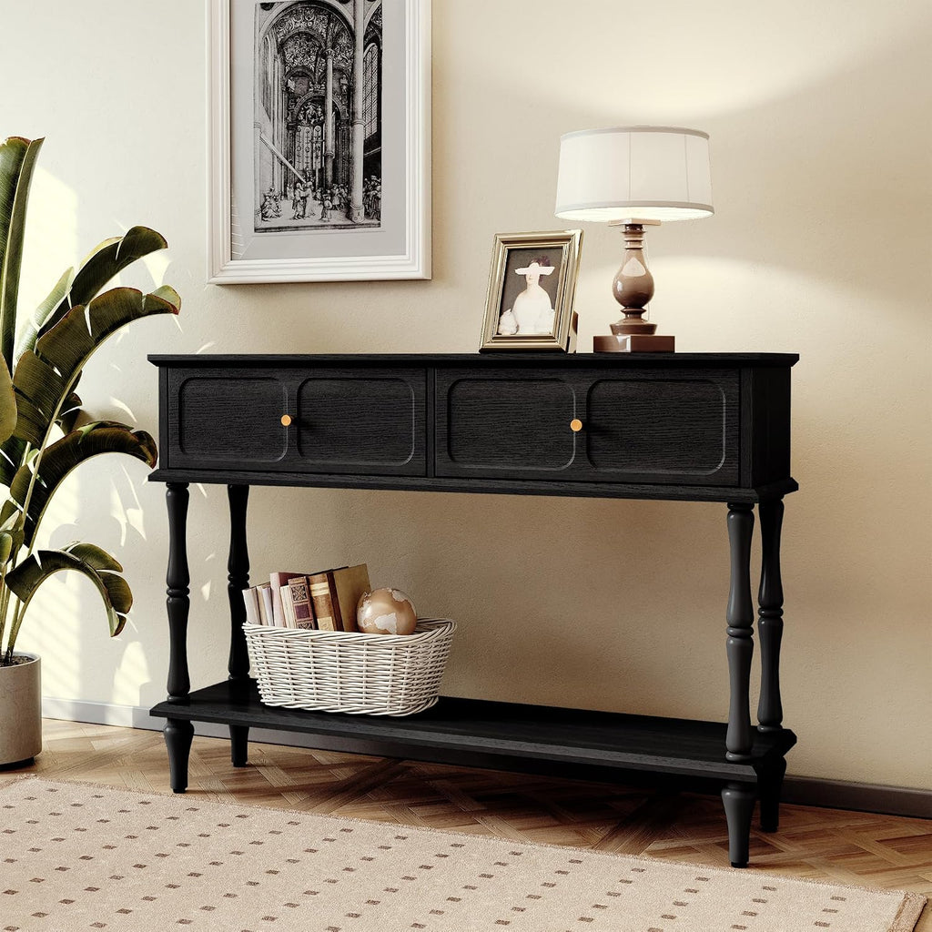 ARTPOWER Console Table with Drawers for Entryway, Mid-Century Entryway Table with Storage, Black Narrow Entryway Table with Open Shelf Behind Sofa for Living Room, Foyer, Hallway