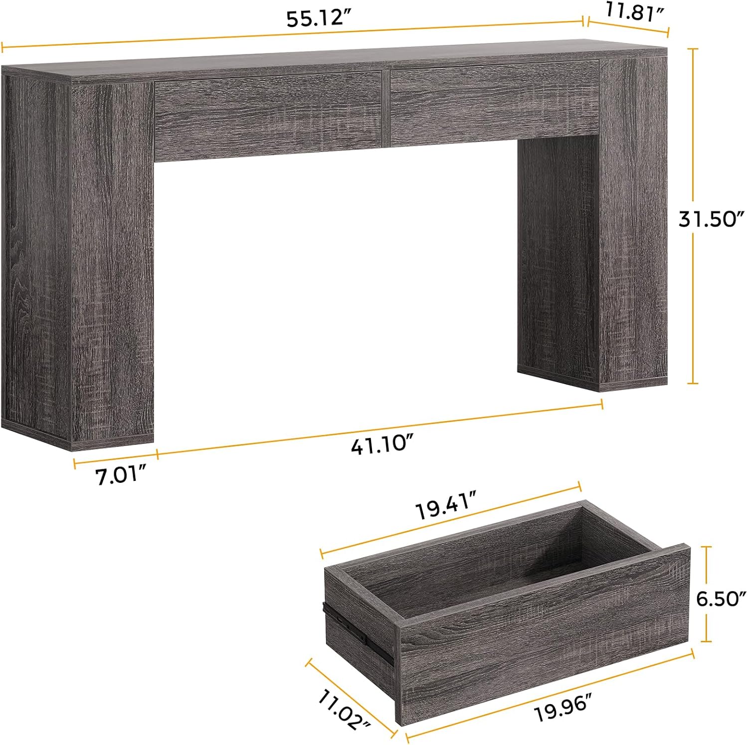 Farmhouse Console Table with LED Light and 2 Drawers, 55 inch Long Sofa Table Behind Couch, Narrow Entry Table for Entryway, Hallway, Entrance, Living Room (Gray)