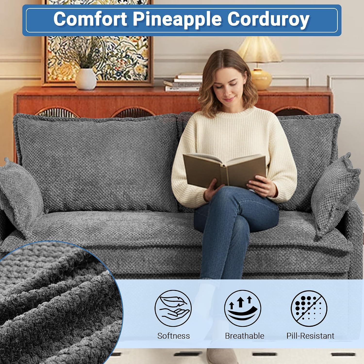 60' Sleeper Sofa Bed, 2-in-1 Pull Out Couch with USB/Type-C Charging & Side Pockets, Convertible Corduroy Loveseat Chaise Lounge, Space-Saving Sofa for Living Room, Grey