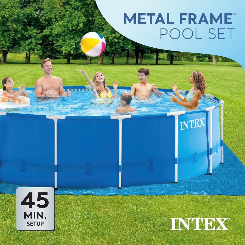Intex 15 Foot by 48 Inch Round Metal Frame Above Ground Swimming Pool Set for Outdoor Use with Filter Pump, Ladder, Ground Cloth, and Cover, Blue