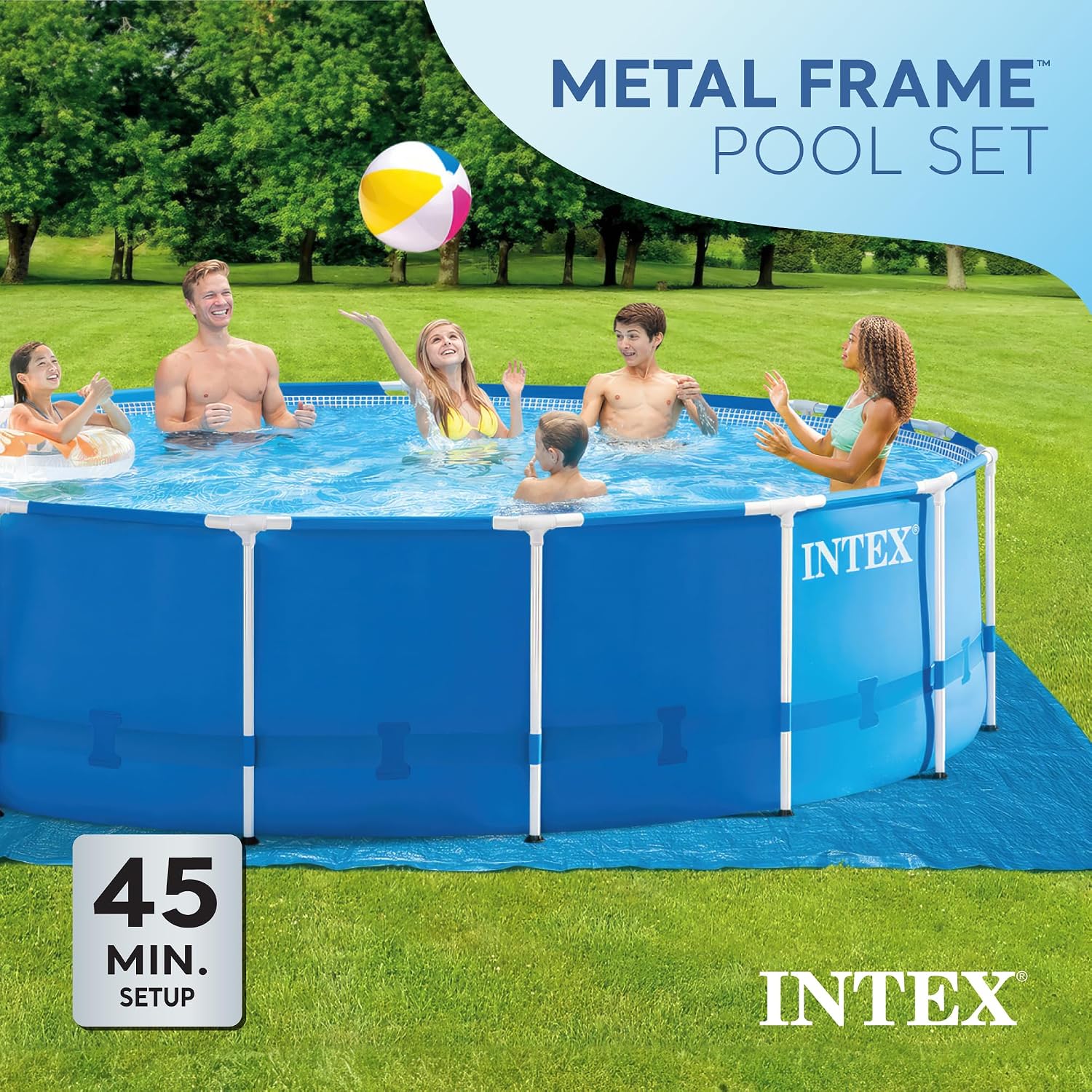 Intex 15 Foot by 48 Inch Round Metal Frame Above Ground Swimming Pool Set for Outdoor Use with Filter Pump, Ladder, Ground Cloth, and Cover, Blue