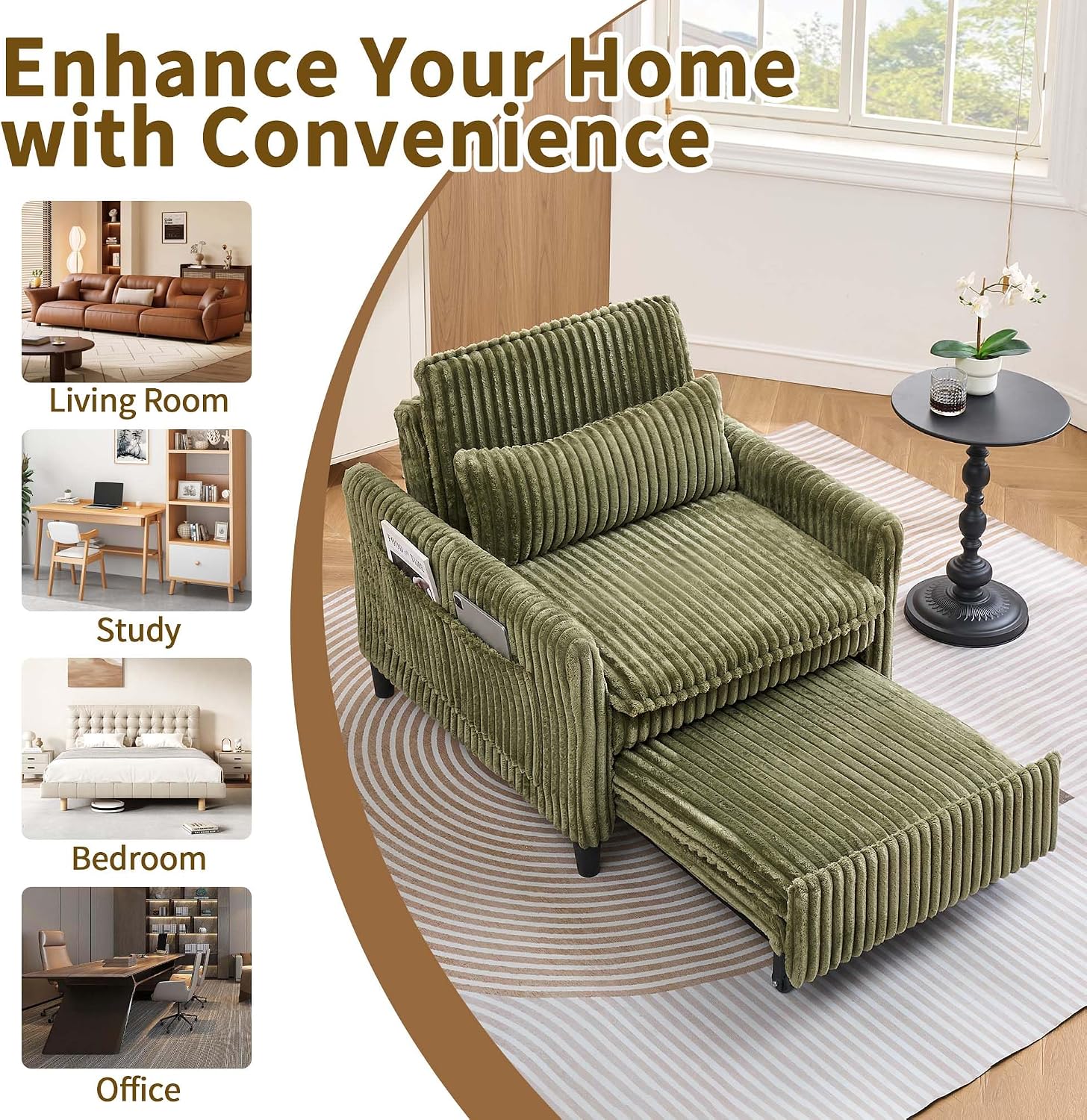 Majnesvon Modern Corduroy Fabric Sofa Bed Futon,3 in 1 Convertible Pullout Bed Sleeper Couches with 3 Reclining Backrests,Small Sofa Chair Bed for Living Room Bedroom (Green)