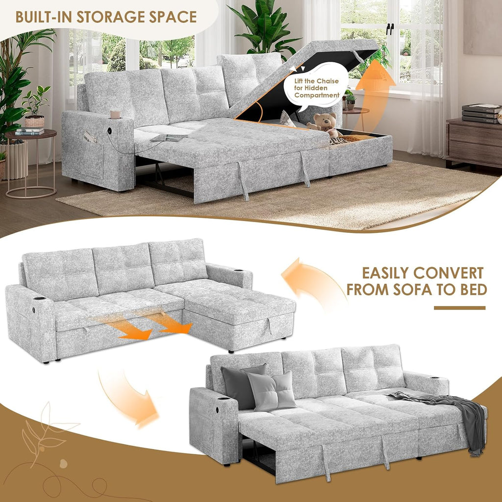 85 inch Large Sleeper Sofa Bed,L Shaped Sectional Couch Bed,2 in 1 Pull Out Couches with Convertible Storage Chaise,USB Charging,Cup Holders and Side Pockets Gray