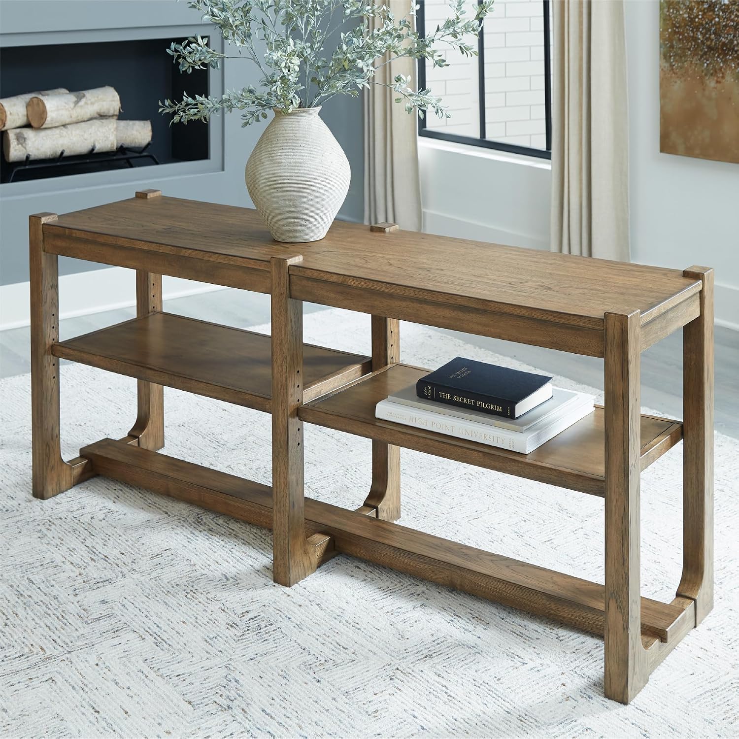 Signature Design by Ashley Cabalynn Farmhouse Sofa Table with 2 Adjustable Shelves, Light Brown