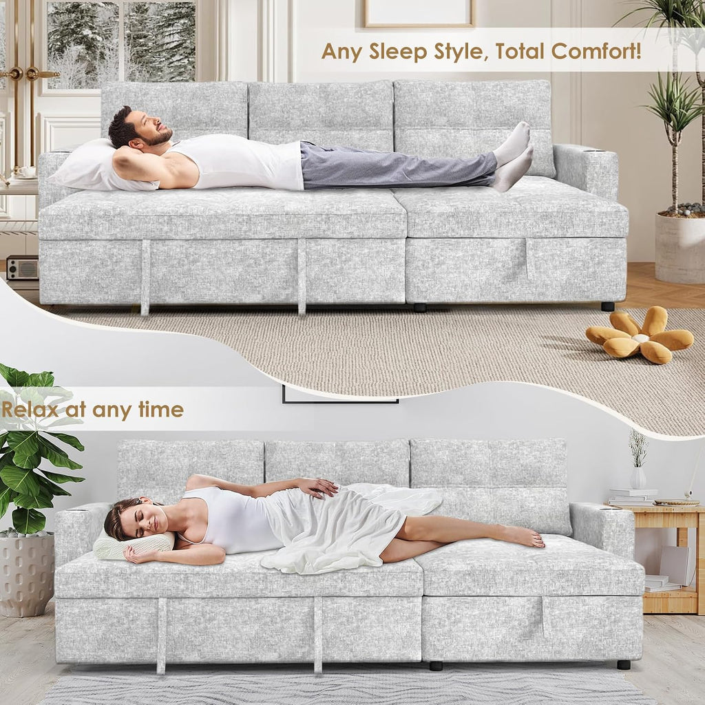 85 inch Large Sleeper Sofa Bed,L Shaped Sectional Couch Bed,2 in 1 Pull Out Couches with Convertible Storage Chaise,USB Charging,Cup Holders and Side Pockets Gray