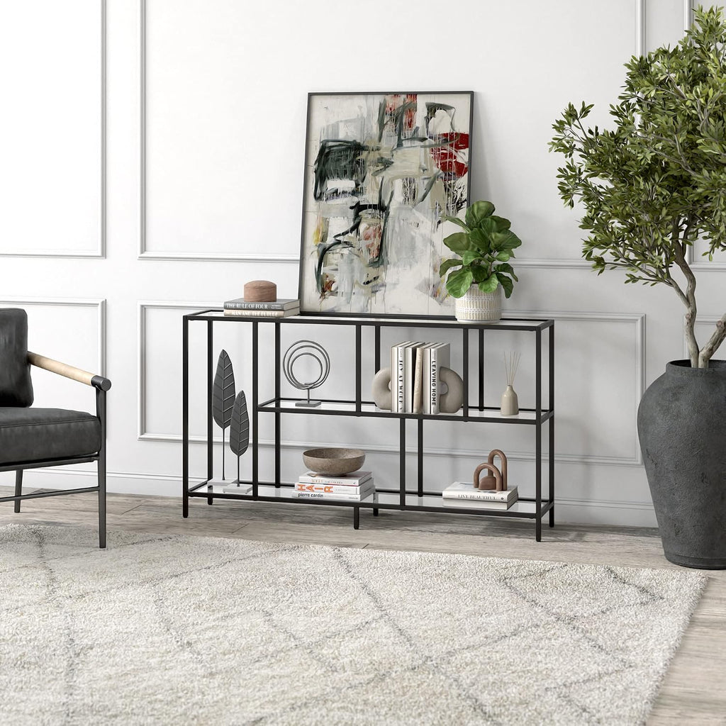 Henn&Hart 52' Wide Rectangular Console Table with Glass Shelves in Blackened Bronze, for Home Office, Living Room