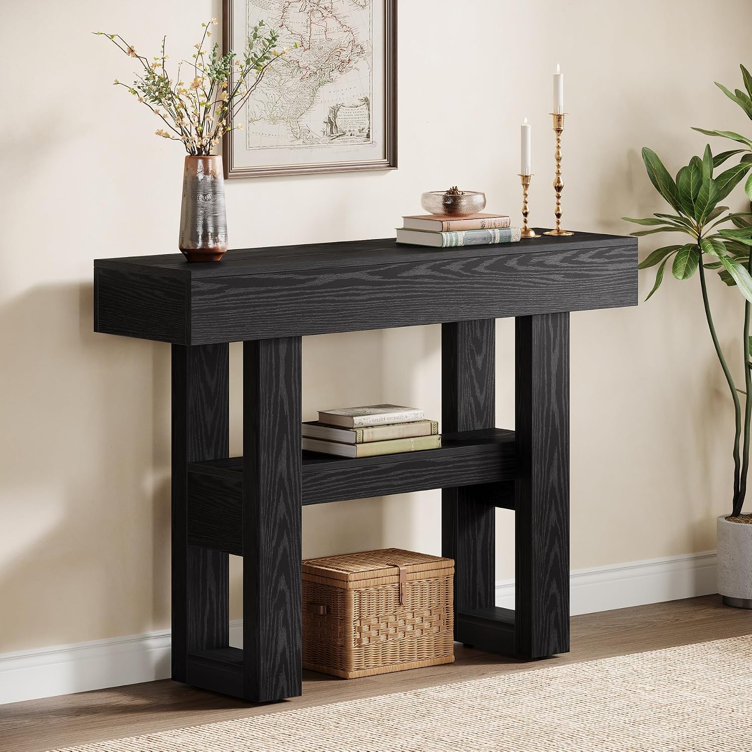 Tribesigns 41.34-Inch Farmhouse Console Table, 2-Tier Narrow Sofa Table Behind The Couch, Entryway Furniture with Storage Shelves for Hallway Foyer Living Room, Black