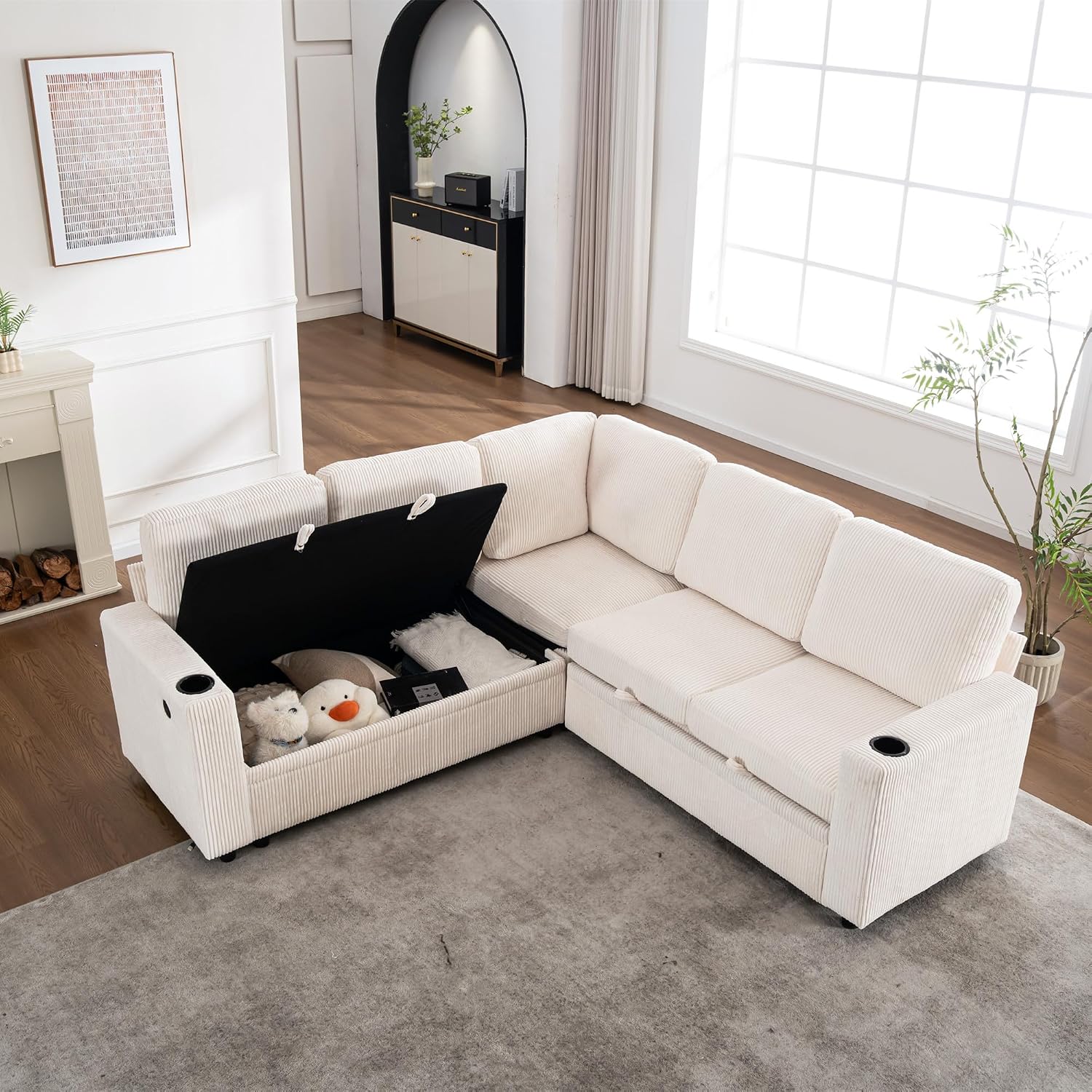 Modular Sectional Sleeper Sofa with Pull Out Bed, L Shaped Couch with Storage Chaise, USB Ports and Cup Holders, Comfy Corduroy Sectional Couches for Living Room, Bedroom and Apartment