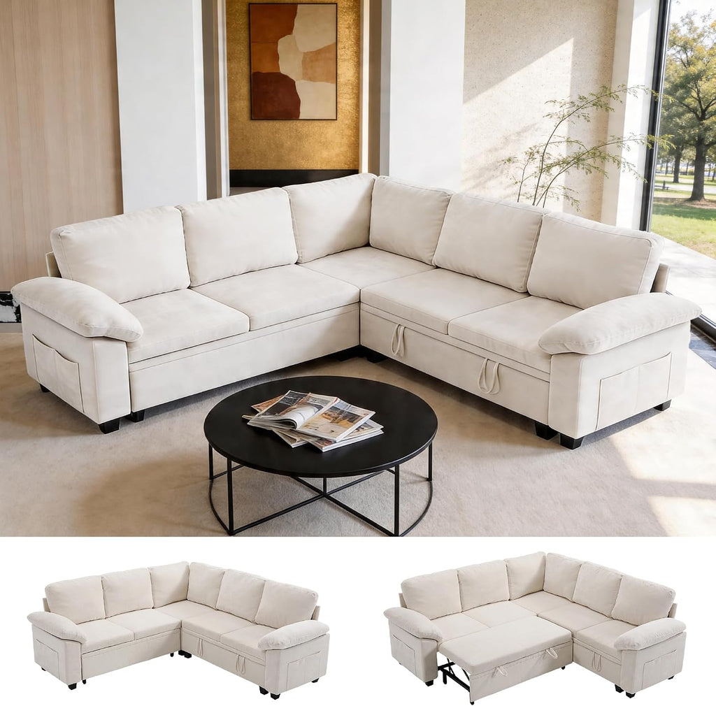 Modular Sectional Sofa with Pull Out Bed Sleeper Sofa L Shaped with Storage, Sectional Couch for Living Room Convertible Sofa Bed with Removable Sofa Cover(5 Seats Beige)