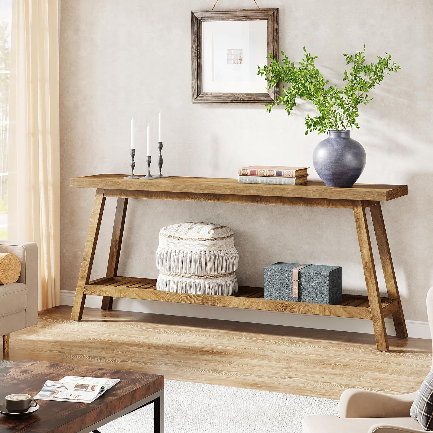 Tribesigns Farmhouse Console Entryway Table: 70.9 Inches Extra Long Console Table for Entryway, 2-Tier Narrow Wood Foyer Sofa Couch Table for Hallway, Entrance, Living Room, Yellow Brown