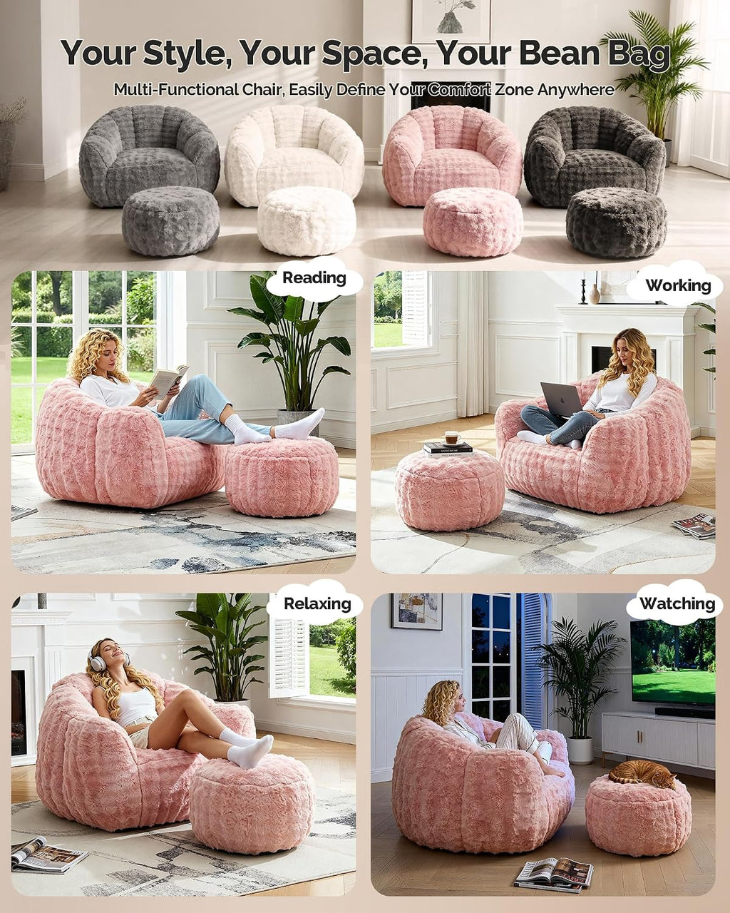 KINGYES Giant Bean Bag Chair with Ottoman, 3 in 1 Bean Bag Couch with Memory Foam Filler,Gaming Chair for Adults, Bean Bag for Kids & Teen, Pink