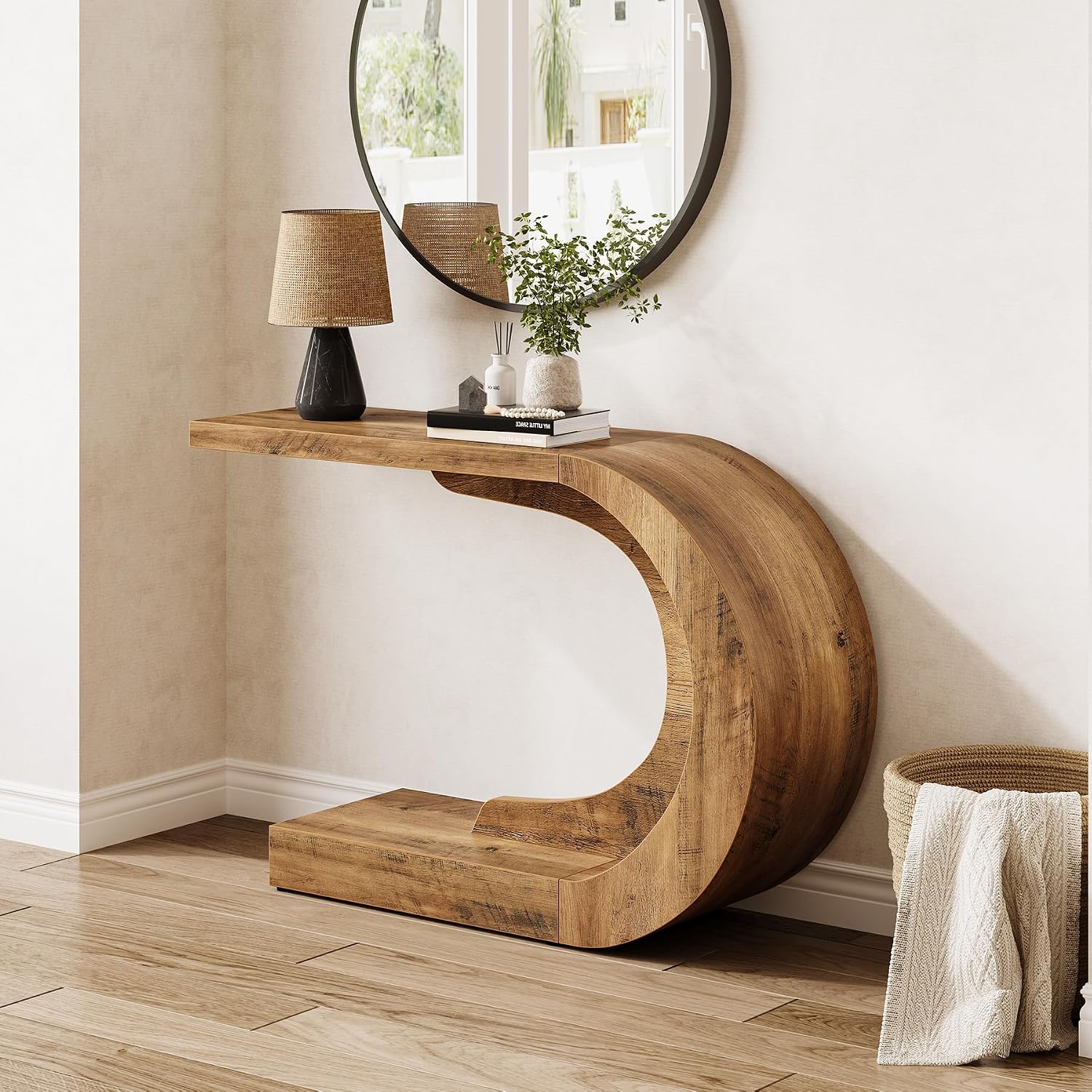 LITTLE TREE 43.3 Inches Farmhouse Console Table, 2-Tier C-Shaped Sofa Table Behind The Couch, Wooden Entryway Table Narrow Hallway Foyer Table for Living Room, Entrance, Brown