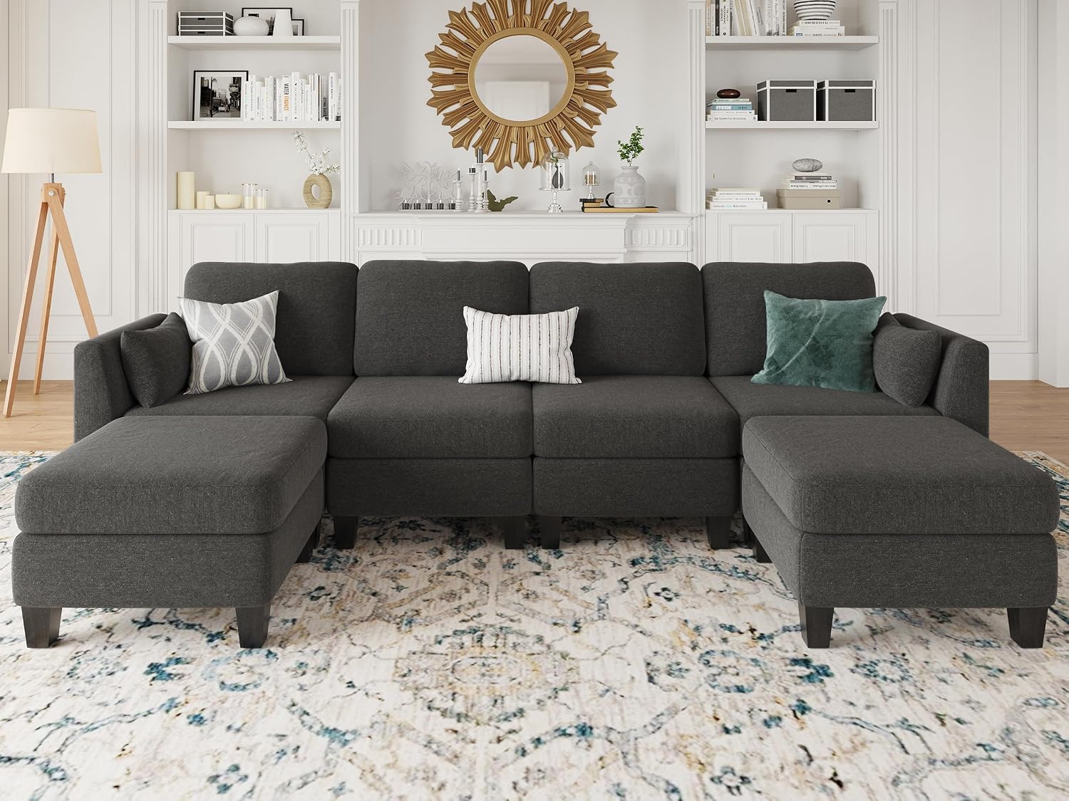 Modular Sectional Sofa, 6 Seaters Modular Sleeper Sofa Couch, Comfy Sectionals Couches Bed, Convertible Sofas with Ottomans, Sectional Couches for Living Room, Dark Grey
