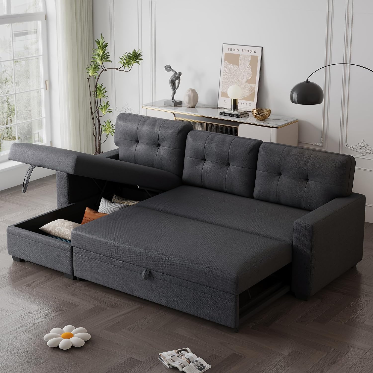 82' L-Shape Convertible Sleeper Sectional Sofa with Storage Chaise and Pull-Out Bed,Upholstered Reversible Corner 3 Seater Couch with Button Tufted Backrest & Armrest,for Living Room,Dark Gray