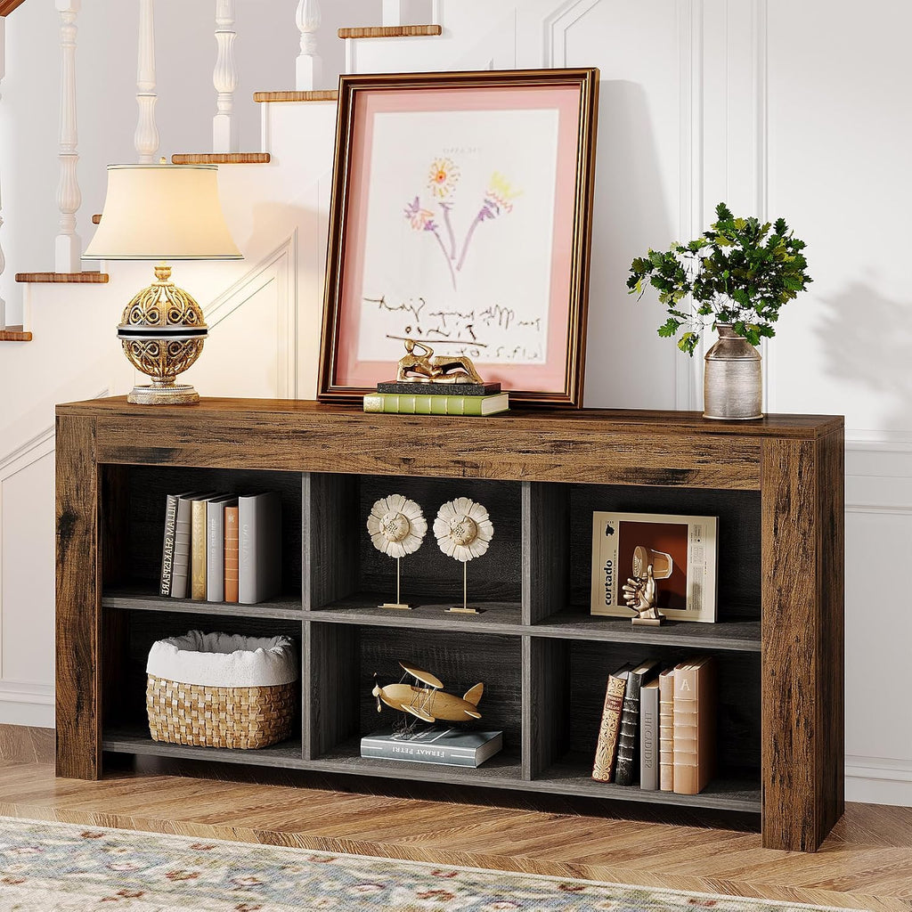 Tribesigns 63-Inch Long Console Table, Rustic Wood Entryway Table with 6 Storage Cubes, Industrial Narrow Sofa Table Behind Couch Table for Living Room, Hallway