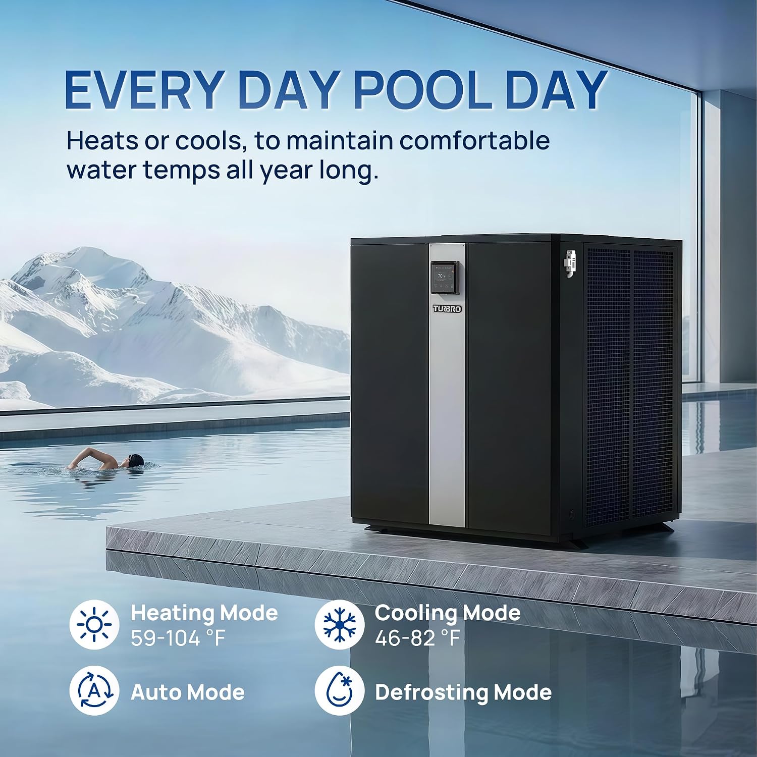 TURBRO 143,450 BTU Full DC Inverter Swimming Pool Heat Pump, Up to 40,000 Gallons, WiFi Control Pool Heater for in/Above Ground Pools and Spas, Max. COP of 14.67, 220-240V, Beluga B160V