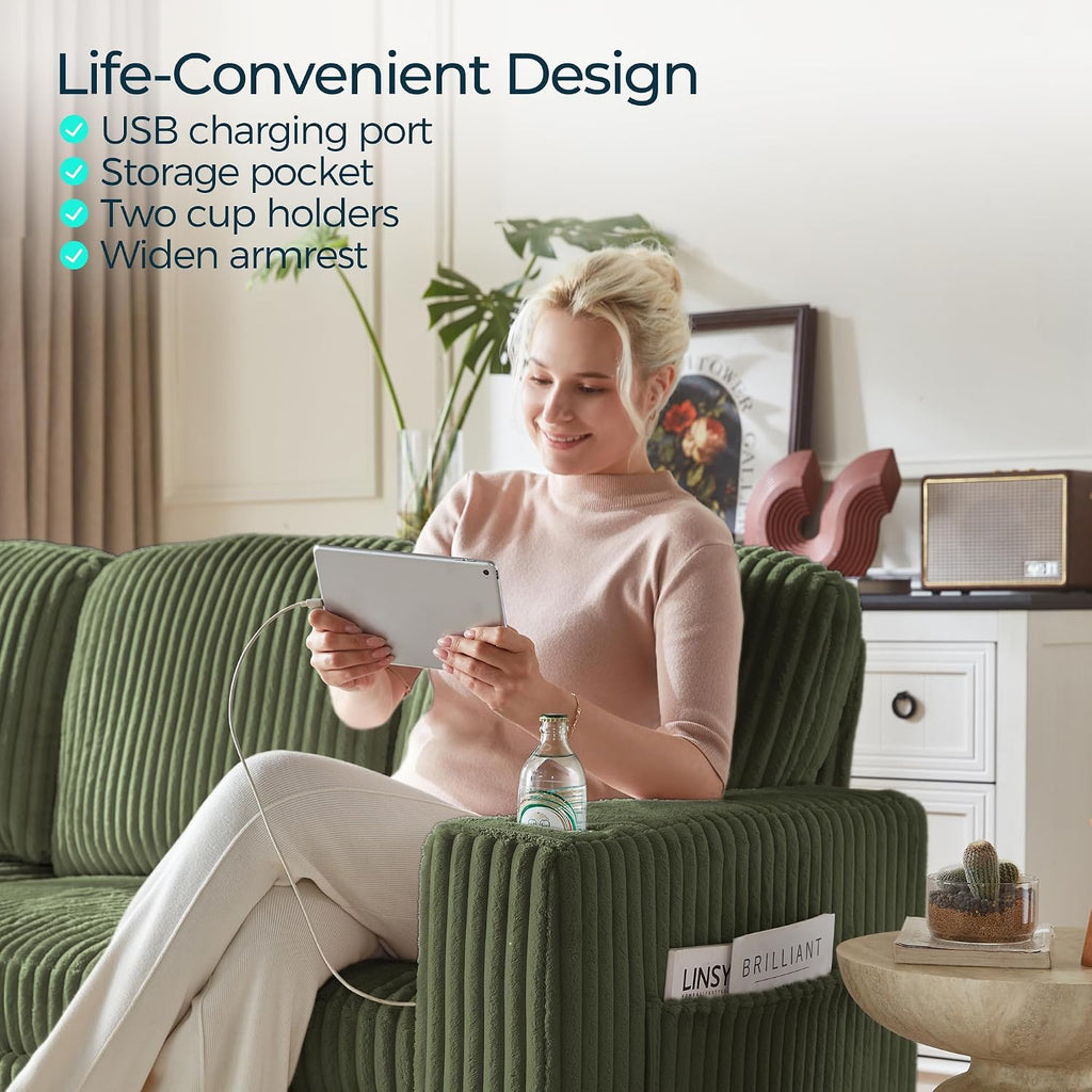 LINSY HOME Loveseat Sofa Couch with USB Charging & Cup Holders, Convertible Pull Out Couch Chaise 2 Seater Sofa, Comfy Plush Corduroy Love Seat for Small Spaces Living Room Apartment (Green)