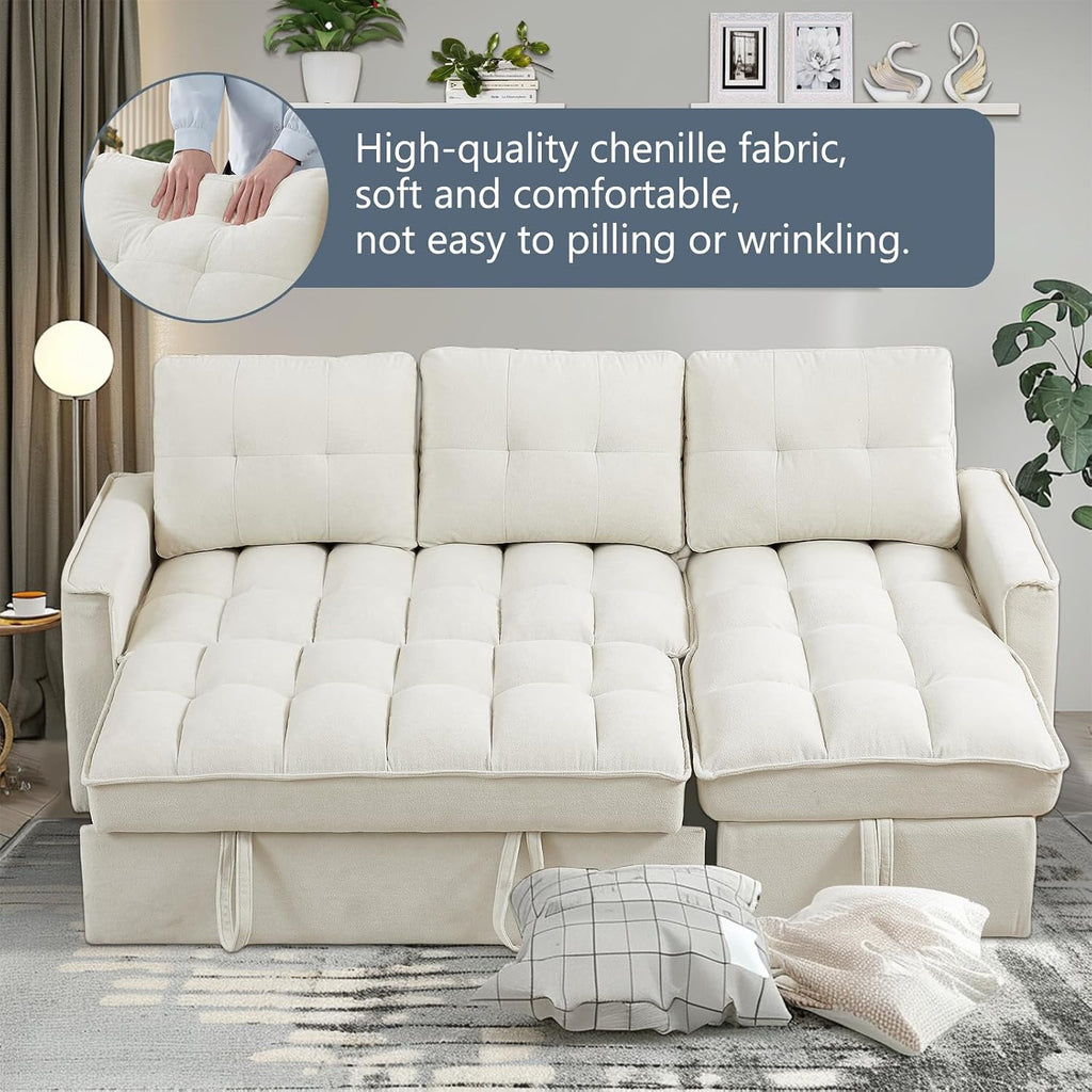 78.75' Sleeper Sofa Couch,Modern L-Shaped Couches, Pull Out Couch with USB Ports&Side Pocket,Sleeper Sectional Sofa for Living Room Apartment,Chenille(Beige)