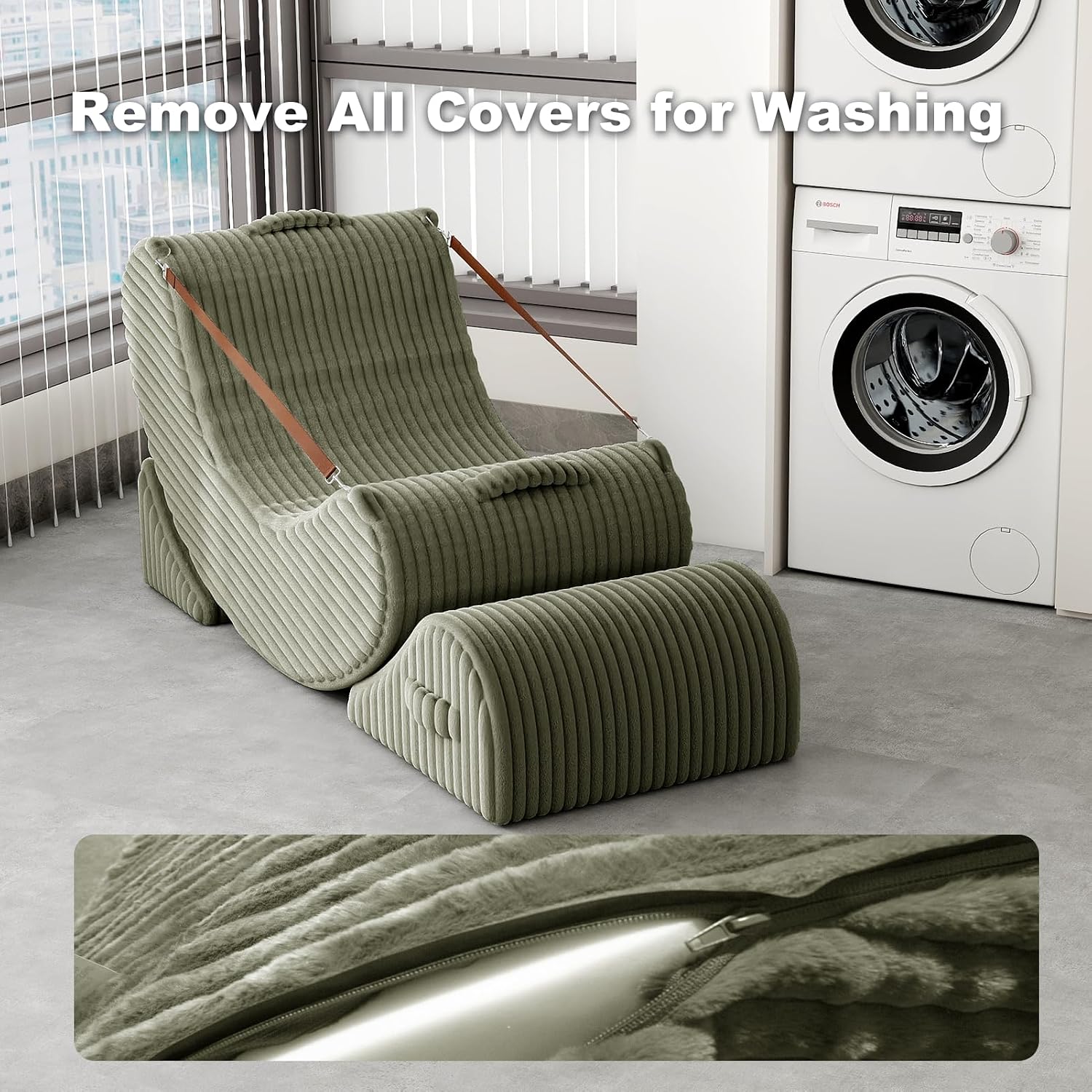 3-in-1 Adjustable Zero Gravity Floor Chair, Oversized Corduroy Boneless Chair for Adults with Memory Foam & Washable Cover, Silent Rocker Recliner Lounge Chair for Reading, Nursing, Gaming, Green