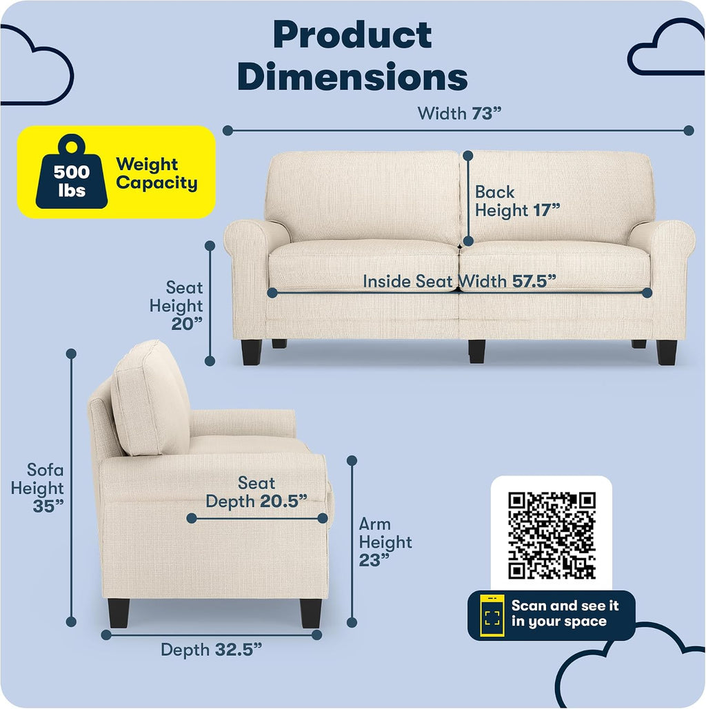 Serta Copenhagen 73' Rolled Arm Sofa, Easy Care Polyester, Soft Pillow Back, Pocket Coil Seat Cushions, Removable Covers, Loveseat or Couch for Small Spaces, Living Rooms or Bedrooms, Buckwheat Beige