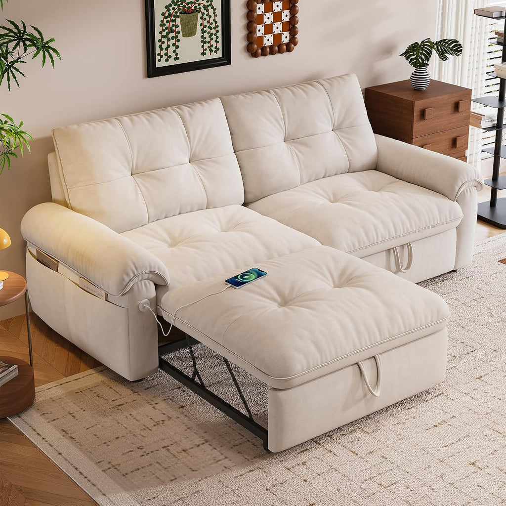 77' Queen Size Sofa Bed, Loveseat Sleeper Sofa with Pull Out Bed, Pockets and USB, Modern 2 Seater Convertible Small Couch for Living Room Bedroom Apartment, Beige