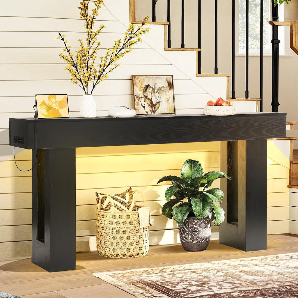 Grepatio 63 Inch Entryway Console Table, Wood Entry Way Table with LED Light, Long Console Table with USB Power Outlet, Narrow Sofa Behind Couch Tables for Entrance, Hallway, Living Room (LED Black)